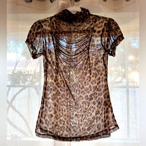Sexy Sheer Mesh Rhinestone’s Animal Print Top Sz S